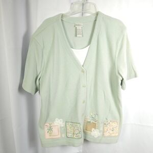 Koret Francisca Teal Floral Short Sleeve Cardigan Womens XL Embroidered